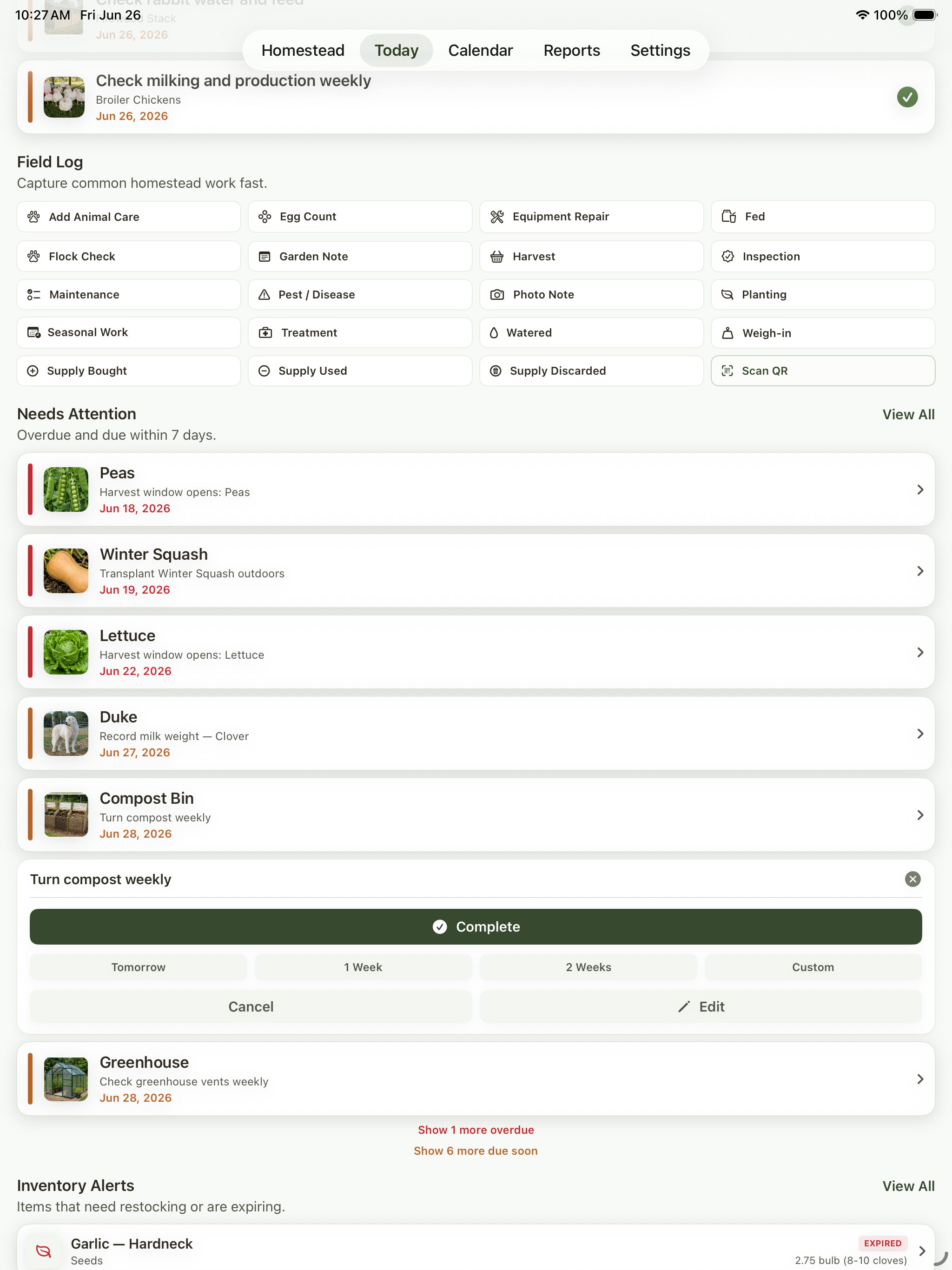 Task completion panel on the Today screen with completion notes and update controls.